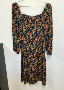 Missguided Womens 0 Milkmaid Midi Dress Navy Blue Orange Floral Long Sleeve NWT - Picture 1 of 13