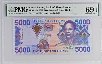 Sierra Leona Pick #27a 5000 Leones 2002 Wmk: Lion's Head & BSL PMG 69 Top Pop 1 Foto 1 de 2
