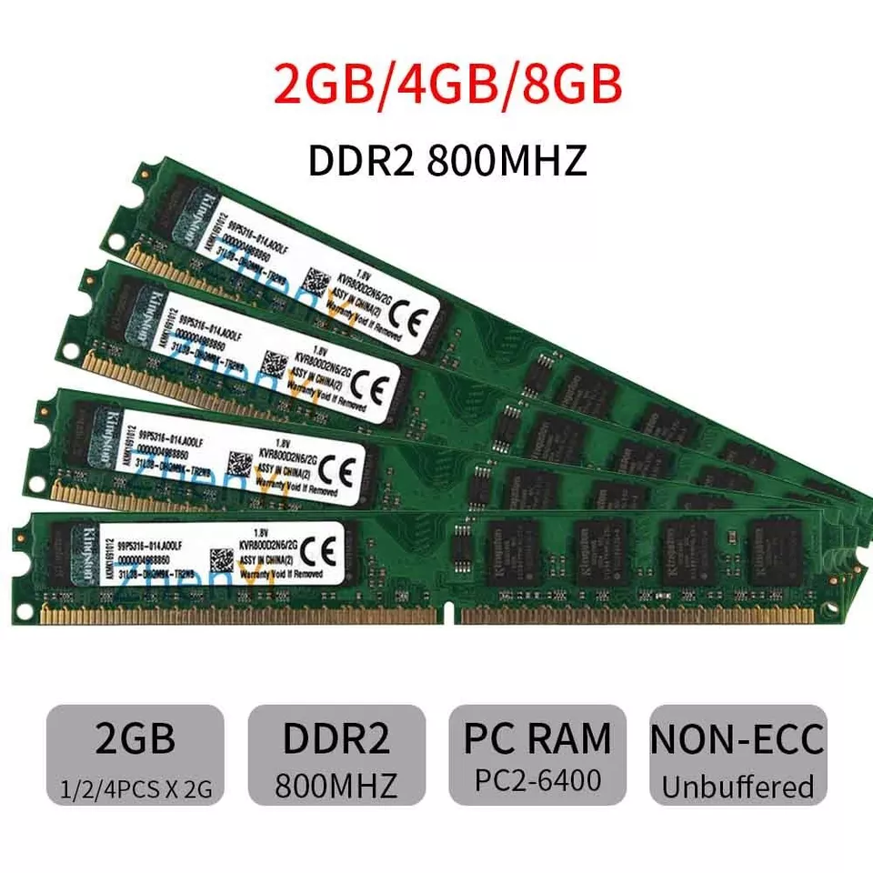 Kingston 8GB 4GB 2GB DDR2 800Mhz PC2-6400U KVR800D2N6/2G Desktop Memoria RAM SP - Immagine 1 di 4