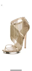 Brian Atwood Cassini Leather Gold Salsa Fringe Sandals Stiletto Heels - Picture 1 of 10