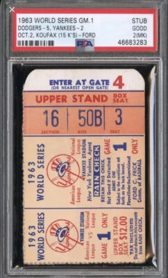 1963 WORLD SERIES GAME 1 TICKET STUB SANDY KOUFAX 15K’s WS WIN #1 CG 10/2🔥PSA 2 - Image 1 of 4