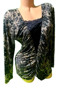Venus New Black/Beige blouse Lace overlay Ruced - XL - long sleeves - Picture 1 of 11