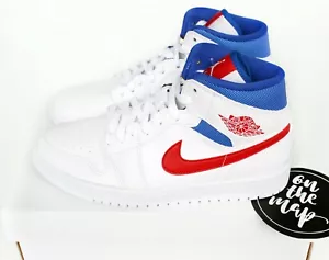 Nike Air Jordan 1 Retro Mid W White Red Royal Blue UK 3 4 5 6 7 8 9 10 US New - Picture 1 of 12