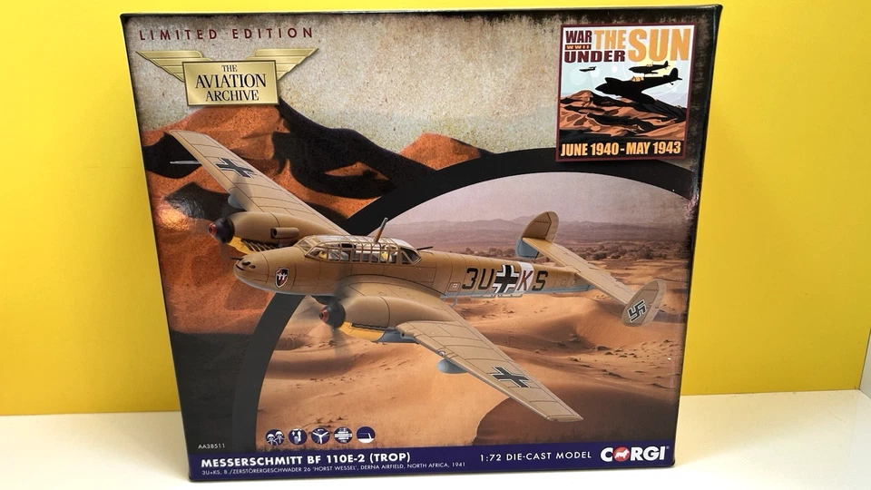 *CORGI AA38511 MESSERSCHMITT BF 110E-2 (TROP) HORST WESSEL NORTH AFRICA 1941 NEW - Image 1 of 4