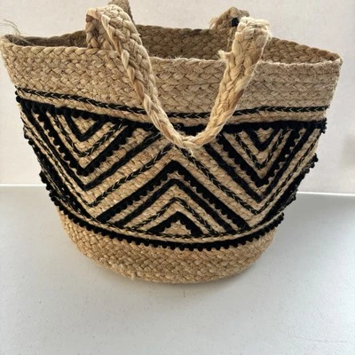 CHICO’S Natural/Black JUTE Woven Tassel Satchel Shoulder Bucket Tote Bag - Image 1 of 4