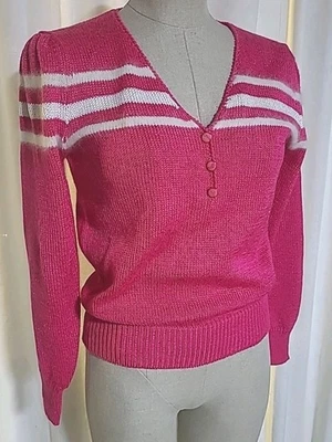 Suéter fúcsia vintage anos 80 anos 90 rosa quente com listras angorá Lilly of California P - Imagem 1 de 4