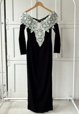 Maxi Vestido De Colección Años 90 Jessica McClintock Negro Terciopelo Encaje Hombro Descubierto Talla S Foto 1 de 4