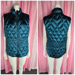 LANDS END Teal Goose Down Quilted Zip Pockets Vest Size Large  - Picture 1 of 9