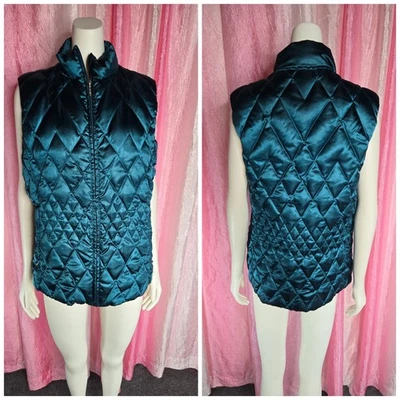 LANDS END Teal Goose Down Quilted Zip Pockets Vest Size Large  - Image 1 of 4