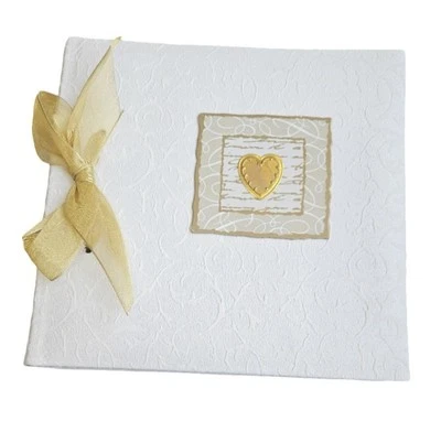 CR Gibson White Brocade Bound Photo Journal Album Gold Heart & Ribbon  NEW - Image 1 of 4