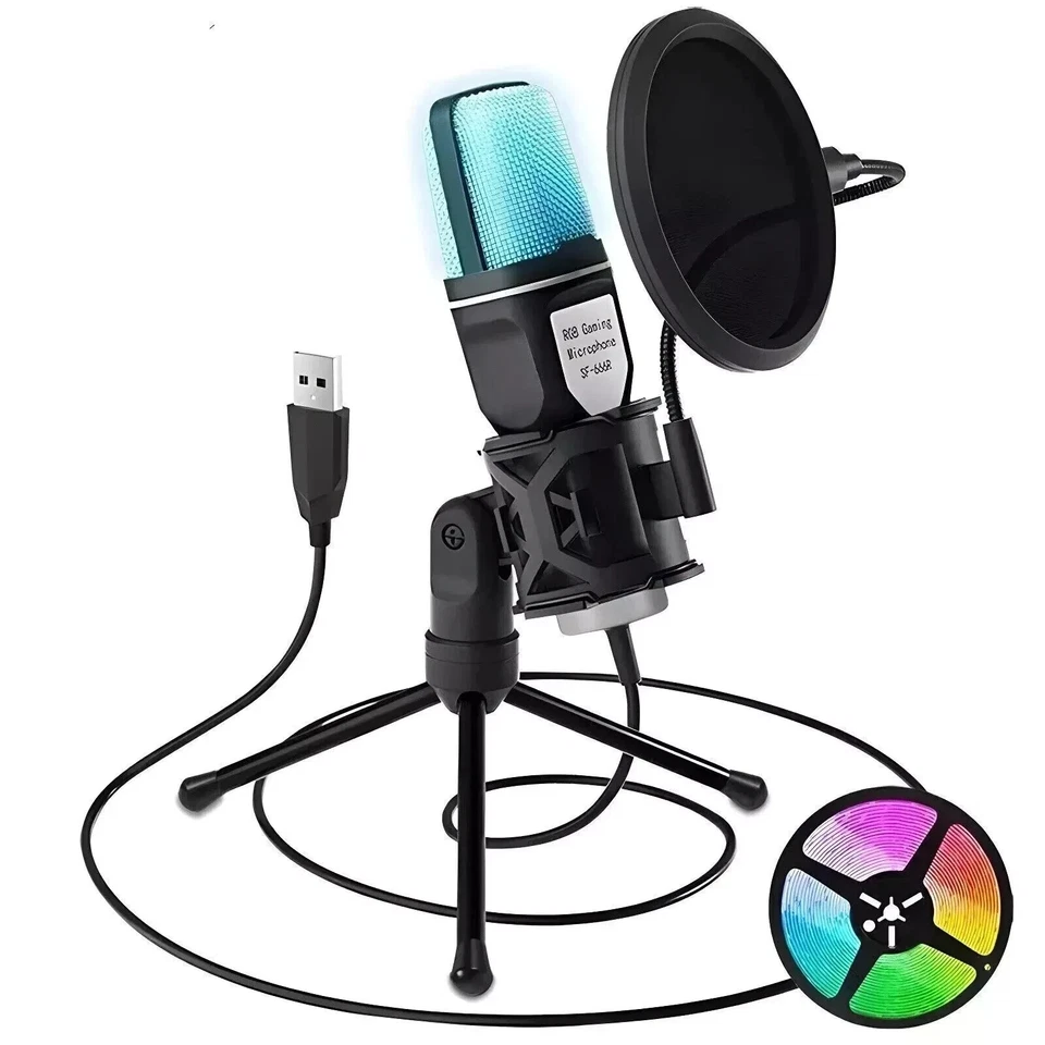 USB Condenser Microphone for PC, Laptop RGB Gaming Mic for Streaming, Podcast - Image 1 of 4