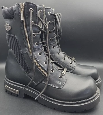 Harley Davidson Men Size 10.5 Black Leather Lace Up Side Zip Motorcycle Boot - Image 1 of 4