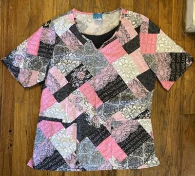 SCRUBH.Q.Women’s L B-NeckW/Button Accents&Care,Hope,Love Floral Pattern.PreOwned - Image 1 of 4