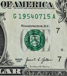 2021 $1 bill fancy serial number, birthday date note 07151954 July 15, 1954 - Picture 1 of 3