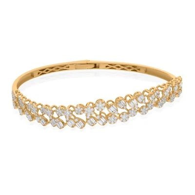 Baguette Round Lab Grown CVD Diamond Cuff Bangle 18k Yellow Gold Bracelet 1.87Ct - Image 1 of 4