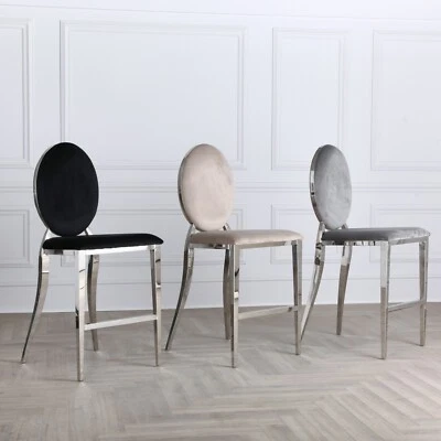 Grey Cream & Black Velvet Upholstered Chrome 65cm Breakfast Bar Kitchen Stools - Image 1 of 4