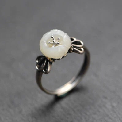 Anello I05 Corona Con Fiore In Giada Bianca Argento Sterling 925 Regolabile - Immagine 1 di 4