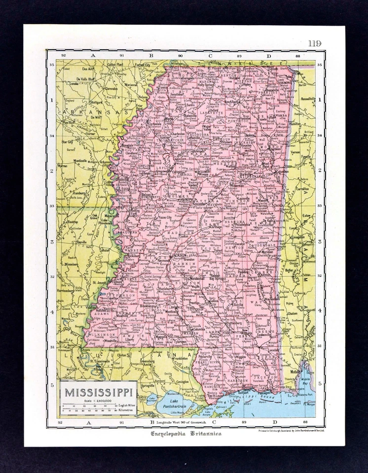 c 1925 Enciclopedia Britannica Mapa Mississippi Jackson Vicksburg Natchez Biloxi Foto 1 de 1