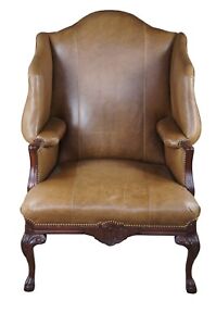 Baker Chippendale Mahogany Leather Nailhead Wingback Library Club Arm Chair