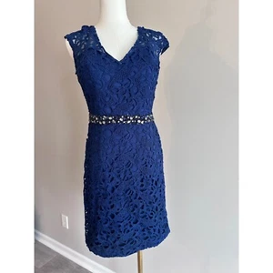 Lace Sheath Dress Beaded Belt V Neck Sleeveless Cocktail Party Size 8 - Picture 1 of 5