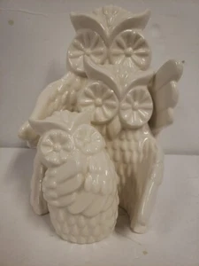 3 PC WHITE GLAZED CERAMIC NESTING OWL FAMILY COTTAGE FARMHOUSE HALLOWEEN RETRO - Picture 1 of 8
