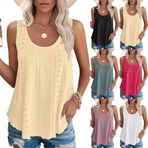 Womens Holiday Hollow Swing Cami Tank Blouse Tops Plus Size Casual Loose Vest UK - Picture 1 of 22