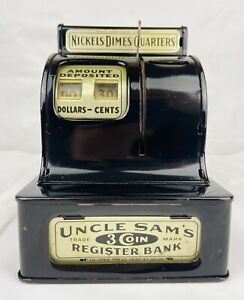 Vintage Uncle Sam's 3 Coin Cash Register Calculating Bank Tin Metal Japan Works