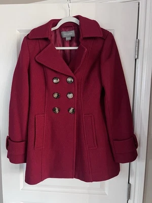 Abrigo para mujer Ann Taylor rojo mezcla de lana doble botonadura guisante con bolsillos talla 8 Foto 1 de 4