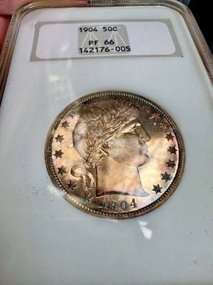 Medio dólar barbero 1904 NGC PF66 antiguo grasa 1ª generación soporte arco iris con espejos profundos  Foto 1 de 4