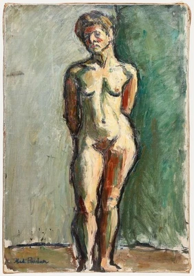 Madeleine Flaschner (1933-2022) - Óleo de mediados del siglo XX, desnuda de pie Foto 1 de 4