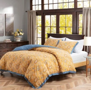 Boho Paisley Print Luxury Duvet Quilt Cover and Shams 3Pc King Gold Blue - Picture 1 of 6