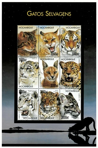 Mozambique 2000 - Wild Cats Tiger Cheetah Leopard - Sheet of 9 - Sc 1379 - MNH Cover