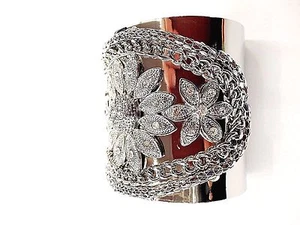 Vogue Extra Wide Chain Style And Rhinestone Flower Style Silver Cuff Bracelet - Picture 1 of 2