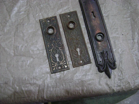 3 Vintage Ornate Tin  lock door handl cover plates fancy    made of  medtal Cover
