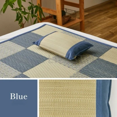 Japanese Igusa Flat Pillow Blue/Beige Rush Grass Traditional Made in Japan New - Image 1 of 4