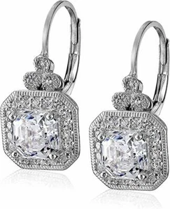 Platinum Plated Sterling Silver Antique Drop Earrings set with Asscher Cut Sw... - Picture 1 of 1