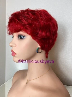 Peluca roja cabello humano corte pixie zumbido corto Foto 1 de 4