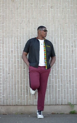 Chemise Homme noire - taille L & Imprimé Africain wax, Chic Manches courtes - Photo 1/4