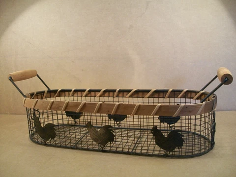 Wire Basket with Roosters & Wood Handles ~ Primitive, Rustic ~ 17 1/4" Long Cover