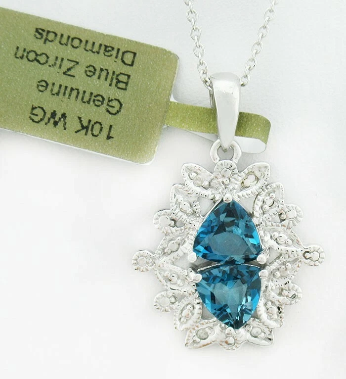 GENUINO COLGANTE DE 2,53 quilates de circón azul y diamantes de oro blanco de 10k * Hecho en EE. UU. Foto 1 de 4