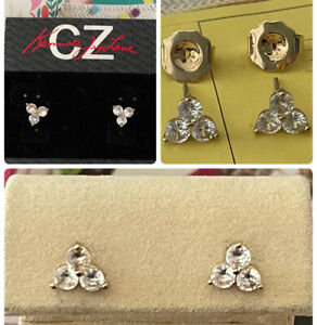 CZ By Kenneth Jay Lane Triple Round CZ Pyramid Stud Earrings, Goldtone, NWT 