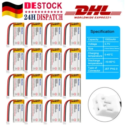 16x 3.7V 1000mAh 1S 3C 102050 LiPo Battery with JST Plug for Electronic Device - Bild 1 von 4