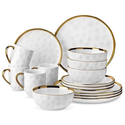 16 Pieces Plates and Bowls Sets, Porcelain White and Gold Dinnerware Sets, Ro... - Image 1 of 4