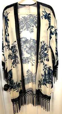 Kimono Chico's Travelers para mujer L/XL azul marino con flecos de terciopelo quemado floral transparente Foto 1 de 4