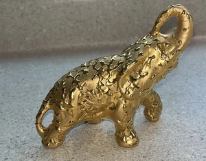 H515~ Weeping Bright 22K Gold Hand Decorated Ceramic Elephant Figure Trunk Up - Picture 1 of 6