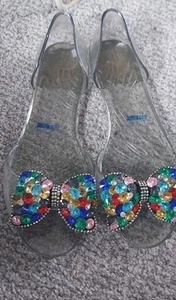 Jelly Flat Shoes With Jewelled  Bow Detail  Clear Size 6 Uk - Picture 1 of 8