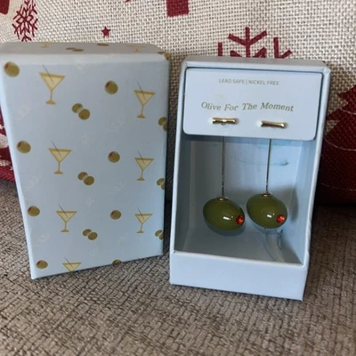Martini Olive Dangle Drop Glass Stone Earrings cocktail Piper K  NEW - Image 1 of 3