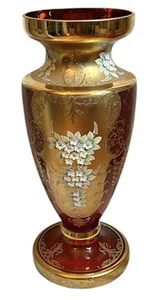 Silvano Signoretto Murano Kunstglas Vase rotes Glas & Gold mit applizierten Blumen 20" - Bild 1 von 24