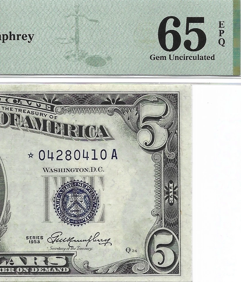 1953 $5 * STAR * ⭐️ SILVER CERTIFICATE. PMG GEM Uncirculated 65 EPQ Banknote. - Image 1 of 3