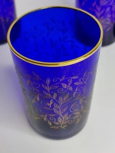 4 Bohemian Gold Etched Cobalt Blue Crystal 6 OZ  Drinking Glasses Gold Trim 4" - Picture 1 of 4
